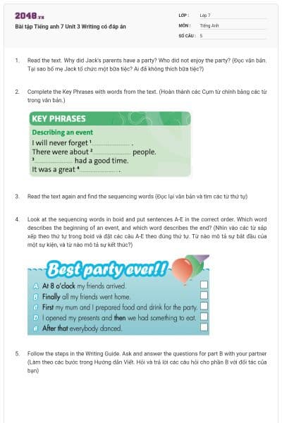 Bài tập Tiếng anh 7 Unit 3 Writing có đáp án
