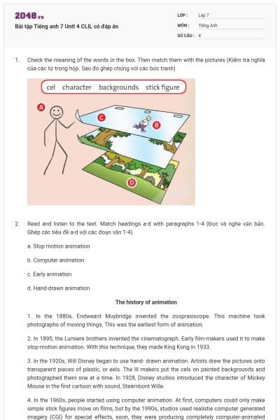 Bài tập Tiếng anh 7 Unit 4 CLIL có đáp án