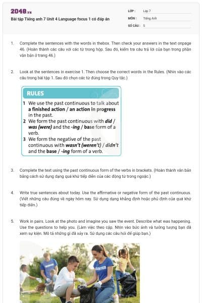 Bài tập Tiếng anh 7 Unit 4 Language focus 1 có đáp án