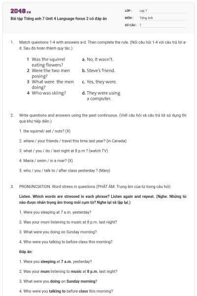 Bài tập Tiếng anh 7 Unit 4 Language focus 2 có đáp án