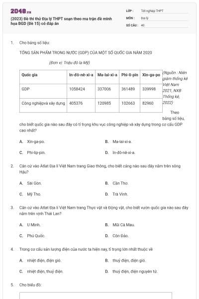 (2023) Đề thi thử Địa lý THPT soạn theo ma trận đề minh họa BGD (Đề 15) có đáp án