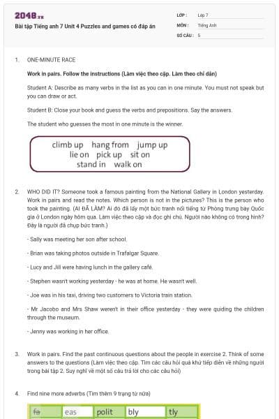 Bài tập Tiếng anh 7 Unit 4 Puzzles and games có đáp án