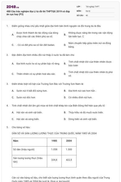 480 Câu trắc nghiệm Địa Lí từ đề thi THPTQG 2019 có đáp án cực hay (P3)