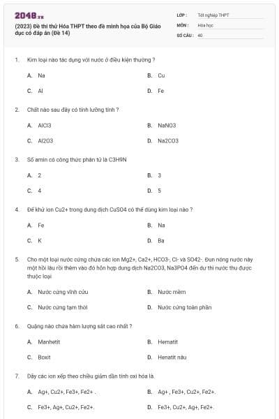 (2023) Đề thi thử Hóa THPT theo đề minh họa của Bộ Giáo dục có đáp án (Đề 14)