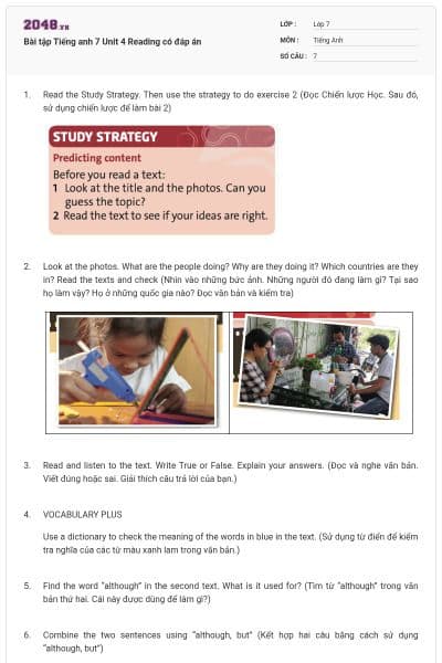 Bài tập Tiếng anh 7 Unit 4 Reading có đáp án