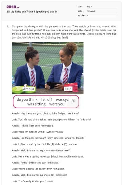 Bài tập Tiếng anh 7 Unit 4 Speaking có đáp án