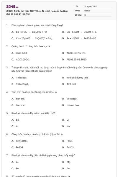 (2023) Đề thi thử Hóa THPT theo đề minh họa của Bộ Giáo dục có đáp án (Đề 15)