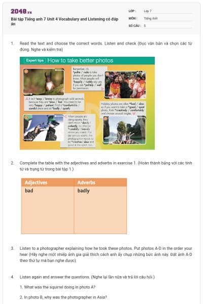 Bài tập Tiếng anh 7 Unit 4 Vocabulary and Listening có đáp án