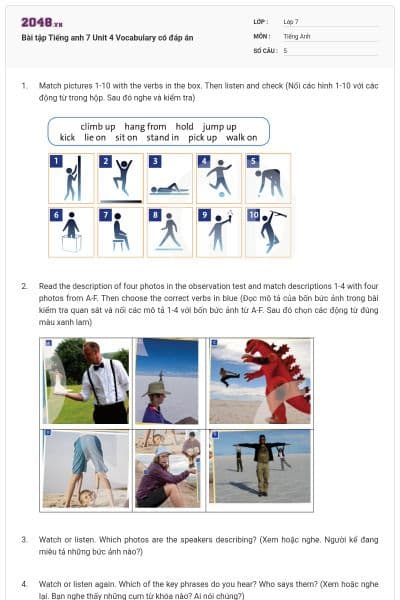 Bài tập Tiếng anh 7 Unit 4 Vocabulary có đáp án