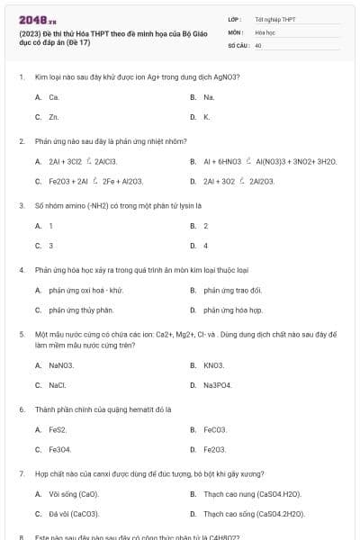 (2023) Đề thi thử Hóa THPT theo đề minh họa của Bộ Giáo dục có đáp án (Đề 17)