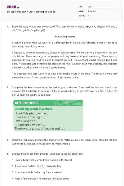 Bài tập Tiếng anh 7 Unit 4 Writing có đáp án