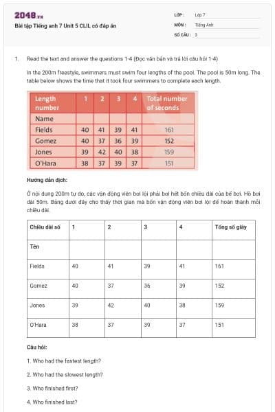 Bài tập Tiếng anh 7 Unit 5 CLIL có đáp án