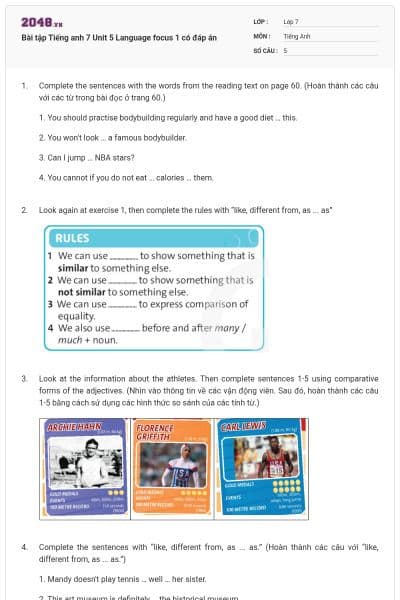 Bài tập Tiếng anh 7 Unit 5 Language focus 1 có đáp án