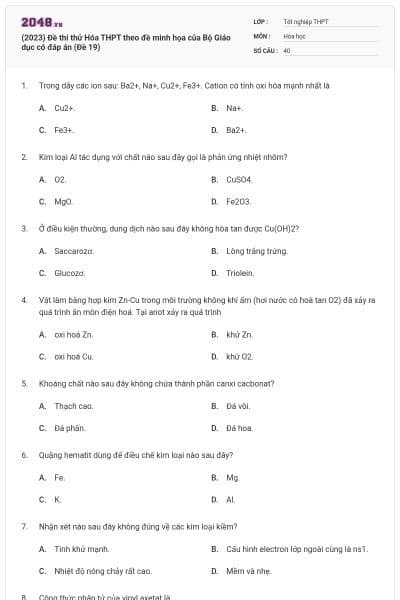 (2023) Đề thi thử Hóa THPT theo đề minh họa của Bộ Giáo dục có đáp án (Đề 19)