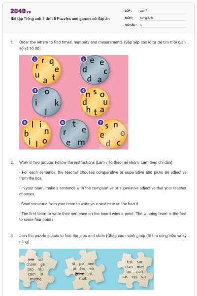 Bài tập Tiếng anh 7 Unit 5 Puzzles and games có đáp án