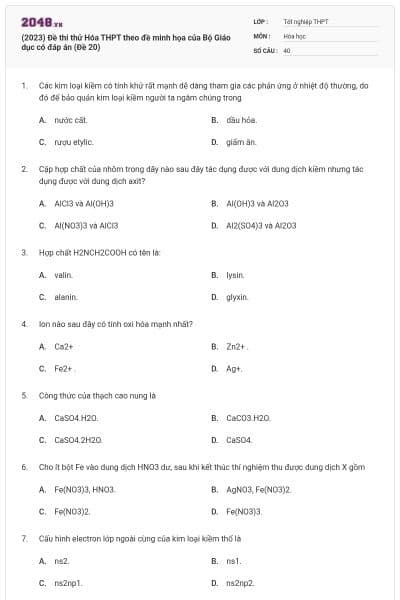 (2023) Đề thi thử Hóa THPT theo đề minh họa của Bộ Giáo dục có đáp án (Đề 20)