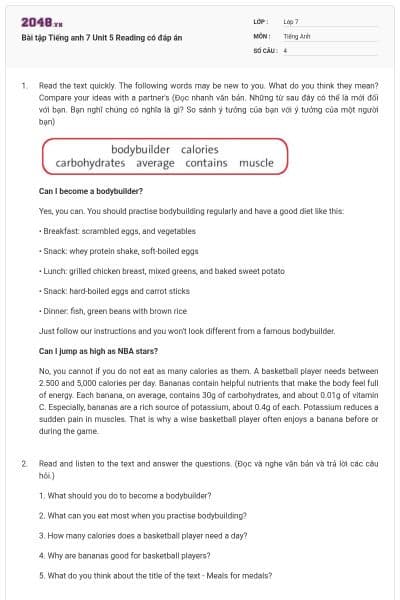 Bài tập Tiếng anh 7 Unit 5 Reading có đáp án