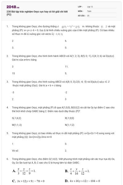 230 Bài tập trắc nghiệm Oxyz cực hay có lời giải chi tiết (P2)
