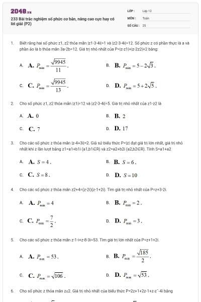 233 Bài trắc nghiệm số phức cơ bản, nâng cao cực hay có lời giải (P2)