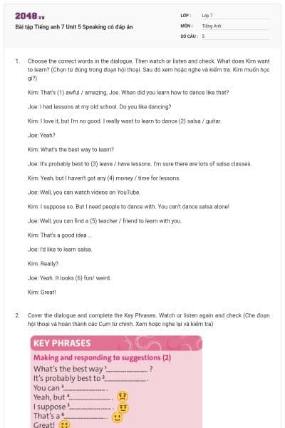 Bài tập Tiếng anh 7 Unit 5 Speaking có đáp án