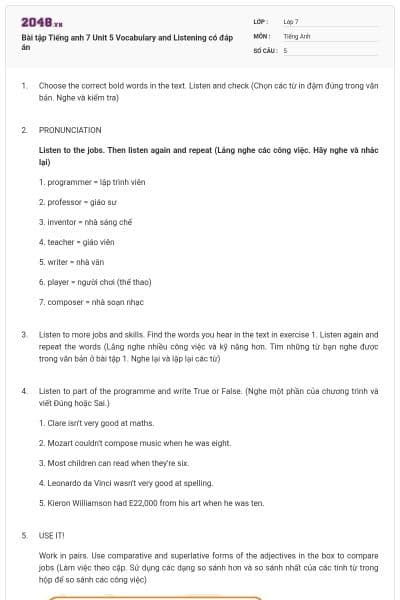 Bài tập Tiếng anh 7 Unit 5 Vocabulary and Listening có đáp án