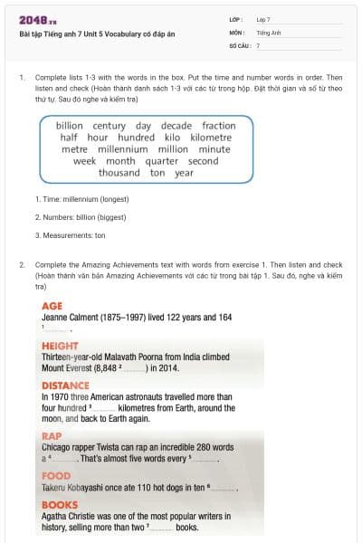 Bài tập Tiếng anh 7 Unit 5 Vocabulary có đáp án