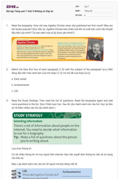 Bài tập Tiếng anh 7 Unit 5 Writing có đáp án