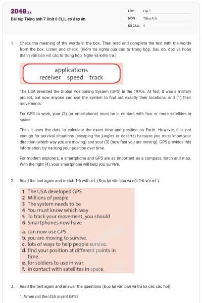 Bài tập Tiếng anh 7 Unit 6 CLIL có đáp án