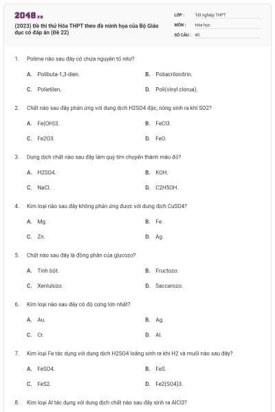 (2023) Đề thi thử Hóa THPT theo đề minh họa của Bộ Giáo dục có đáp án (Đề 22)