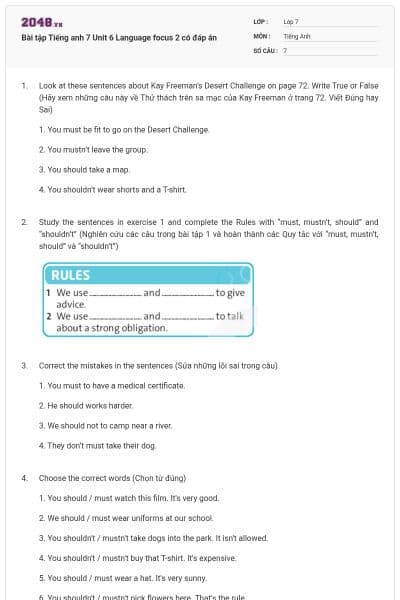 Bài tập Tiếng anh 7 Unit 6 Language focus 2 có đáp án