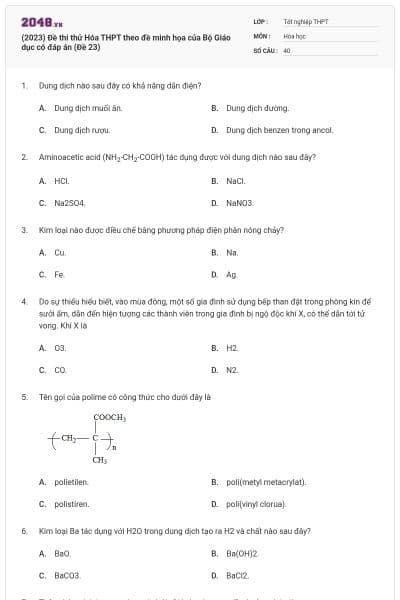 (2023) Đề thi thử Hóa THPT theo đề minh họa của Bộ Giáo dục có đáp án (Đề 23)