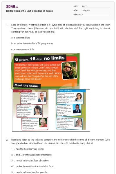 Bài tập Tiếng anh 7 Unit 6 Reading có đáp án