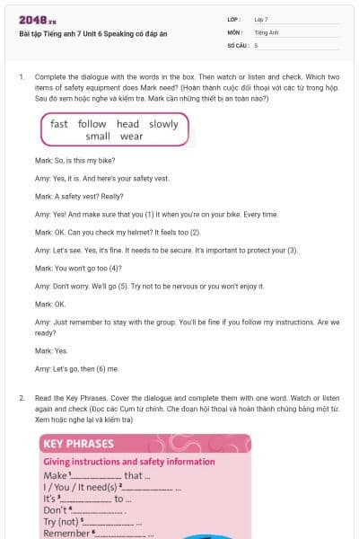 Bài tập Tiếng anh 7 Unit 6 Speaking có đáp án