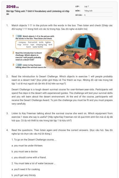 Bài tập Tiếng anh 7 Unit 6 Vocabulary and Listening có đáp án