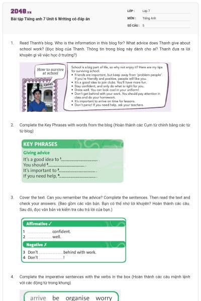 Bài tập Tiếng anh 7 Unit 6 Writing có đáp án