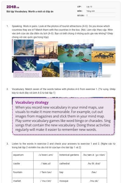 Bài tập Vocabulary. Worth a visit có đáp án