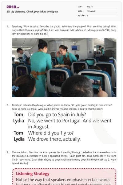 Bài tập Listening. Check your ticket! có đáp án