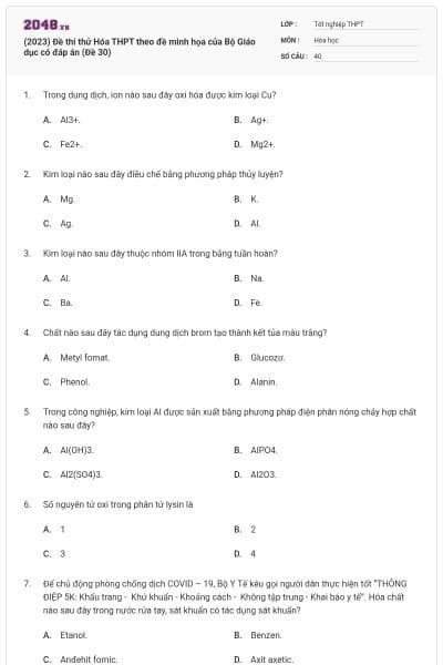 (2023) Đề thi thử Hóa THPT theo đề minh họa của Bộ Giáo dục có đáp án (Đề 30)