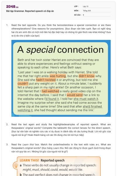 Bài tập Grammar. Reported speech có đáp án