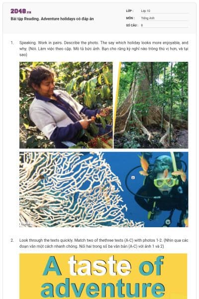 Bài tập Reading. Adventure holidays có đáp án