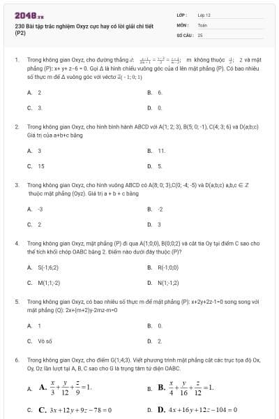 230 Bài tập trắc nghiệm Oxyz cực hay có lời giải chi tiết (P2)