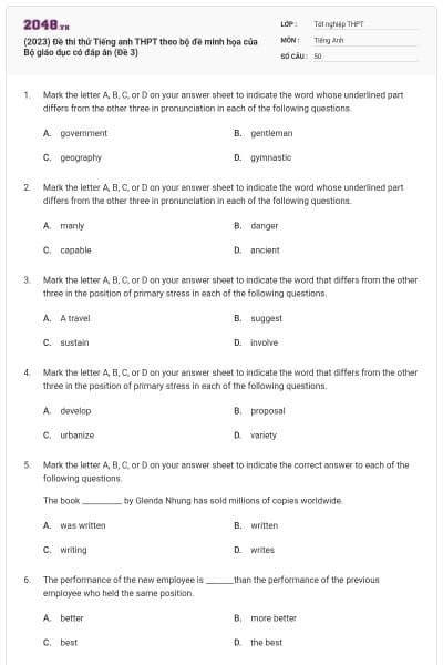 (2023) Đề thi thử Tiếng anh THPT theo bộ đề minh họa của Bộ giáo dục có đáp án (Đề 3)