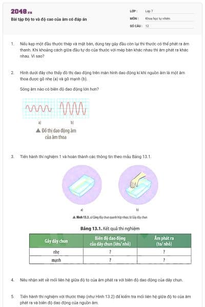 Bài tập Độ to và độ cao của âm có đáp án