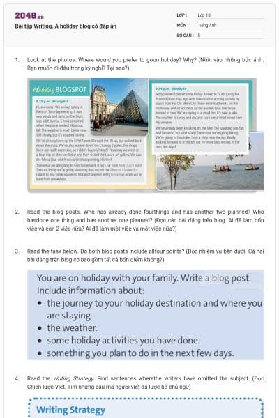 Bài tập Writing. A holiday blog có đáp án