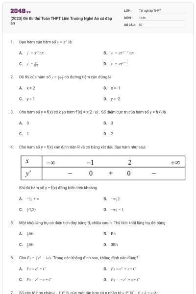 (2023) Đề thi thử Toán THPT Liên Trường Nghê An có đáp án