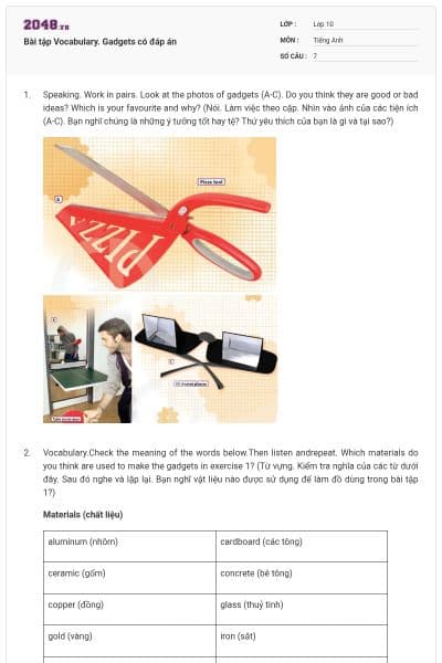 Bài tập Vocabulary. Gadgets có đáp án