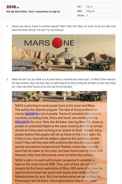 Bài tập Word Skills. Verb + preposition có đáp án