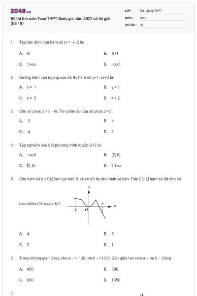 Đề thi thử môn Toán THPT Quốc gia năm 2022 có lời giải (Đề 18)