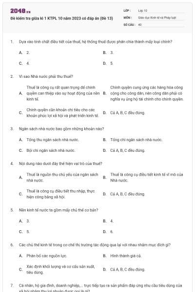 Đề kiểm tra giữa kì 1 KTPL 10 năm 2023 có đáp án (Đề 13)