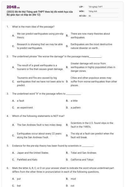 (2023) Đề thi thử Tiếng anh THPT theo bộ đề minh họa của Bộ giáo dục có đáp án (Đề 12)